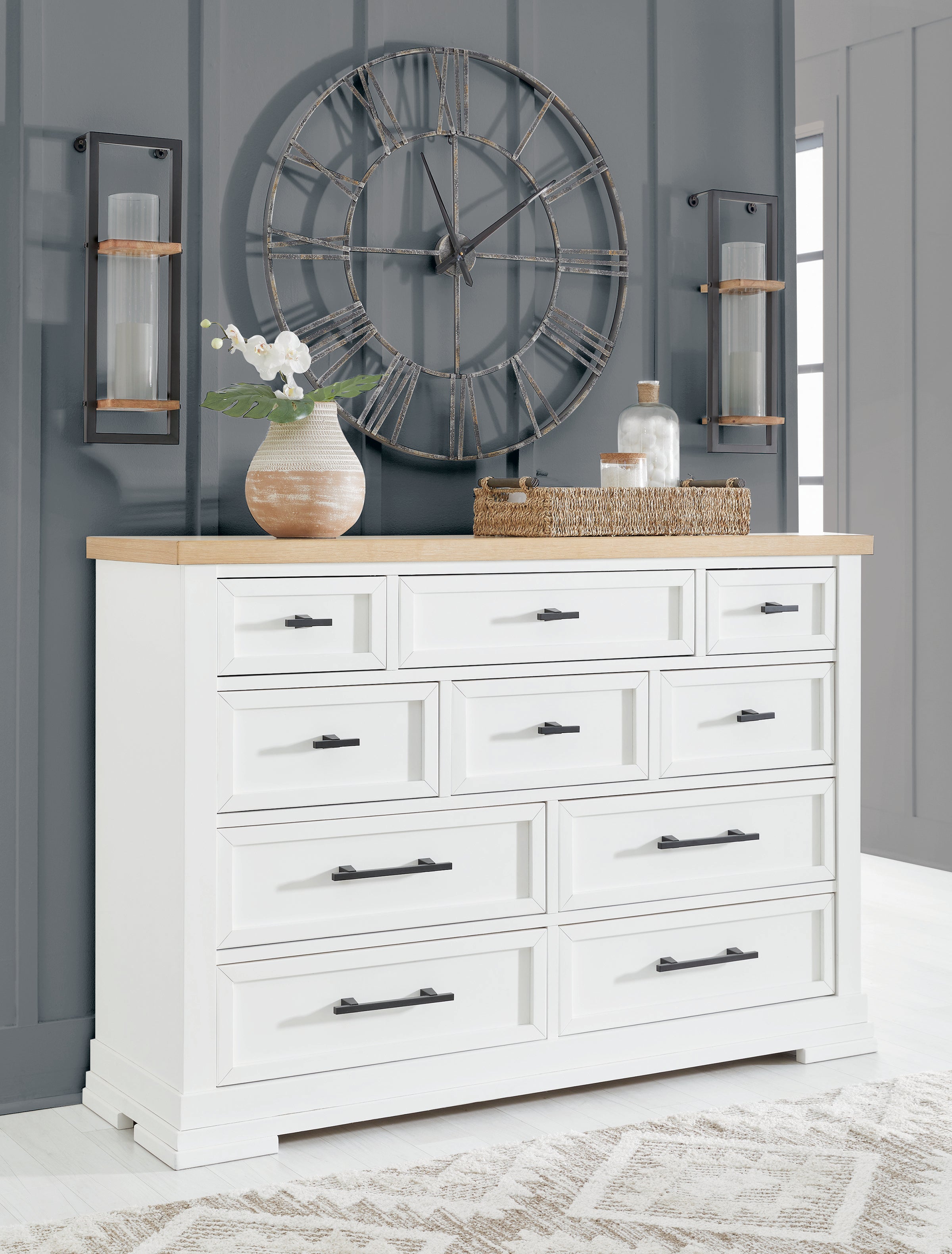 white dresser with grey drawers Origins by Alpine Saige Dresser