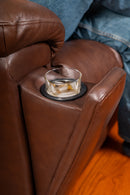 Flexsteel Perfect Match Plush Leather Power Gliding Recliner with Power Headrest & Lumbar in Tavern Brown